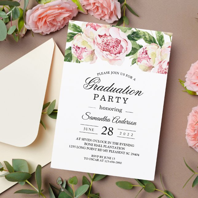 Modern Watercolor Pink Peonies & Green Leaf Invitation (Creator Uploaded)