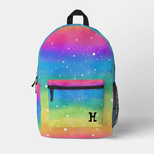 Modern Watercolor Pink Rainbow Stripes Monogram Printed Backpack (Front)