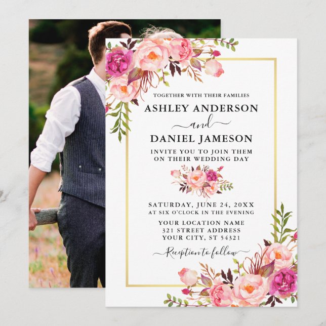 Modern Watercolor Pink Roses Floral Photo Wedding Invitation (Front/Back)
