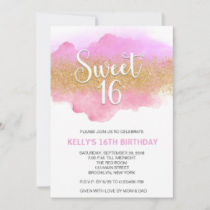 Modern Watercolor Pink Sweet 16 Sixteen Invitation
