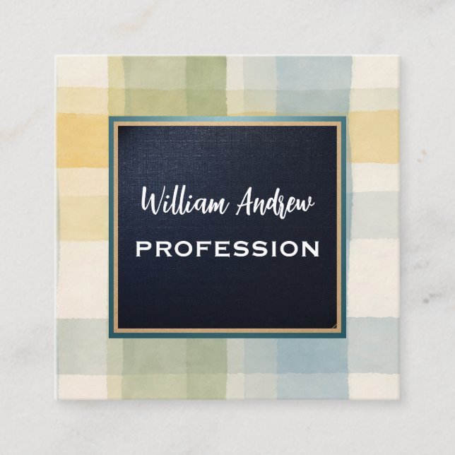 Modern Watercolor Plaid Square Business Card (Front)
