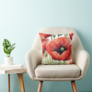 Modern Watercolor Poppies Cushion