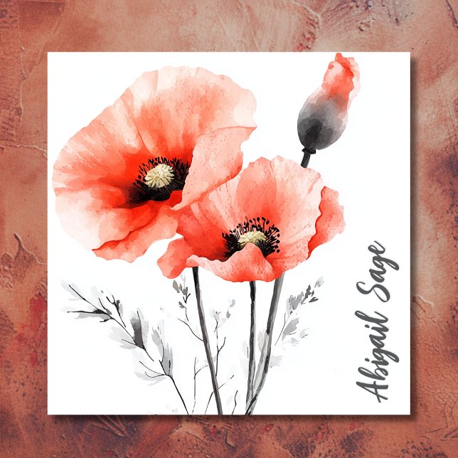 Modern Watercolor Poppy Floral Square Business Card (Front - Modern Watercolor Poppy Floral Square Business Card)