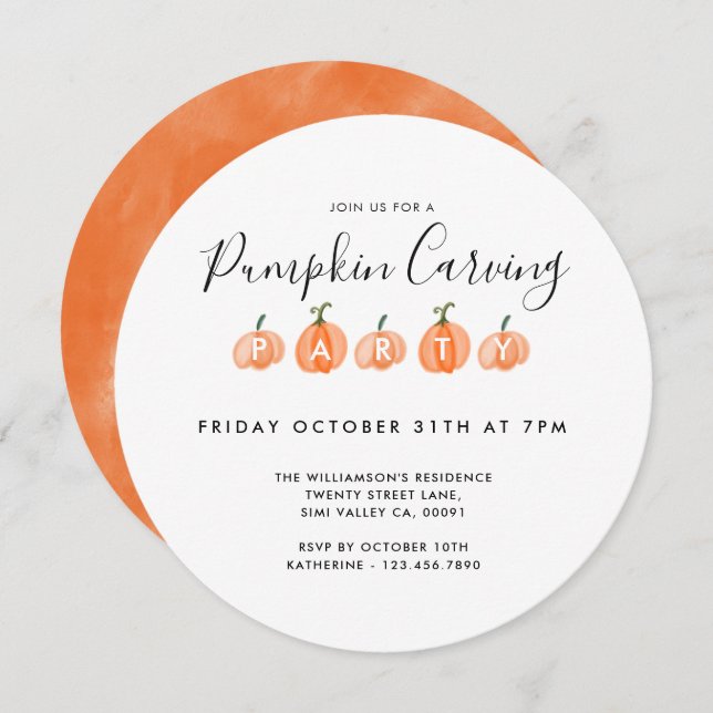 Modern Watercolor Pumpkin Carving Halloween Party Invitation (Front/Back)