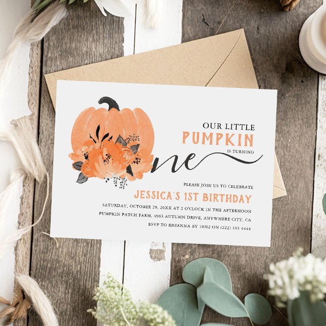 Modern Watercolor Pumpkin Fall 1st Birthday Party Invitation (Creator Uploaded)