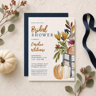 Modern Watercolor Pumpkin Fall Bridal Shower Navy Invitation
