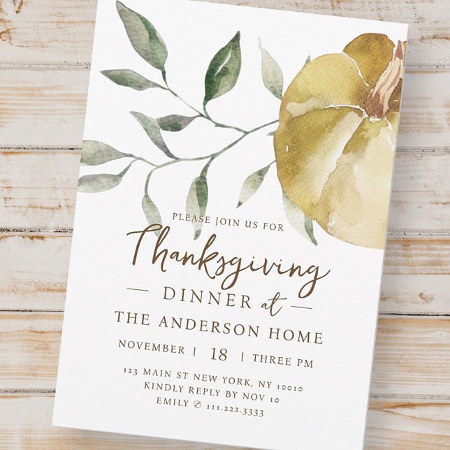 Modern Watercolor Pumpkin Thanksgiving Dinner Invitation (Creator Uploaded)