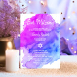 Modern Watercolor Purple Blue Star BAT MITZVAH<br><div class="desc">Beautiful religious Jewish Bat Mitzvah invitation cards.  Light watercolor pastel purple,  violet,  blue,  turquoise with star of David in white.  Modern script letters. 'Is called to the TORAH as a Bar Mitzvah'. Perfect for 12 year old daughter,  girl. Easy to edit - just add your information / text.</div>