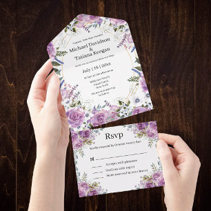 modern watercolor purple floral wedding  all in one invitation