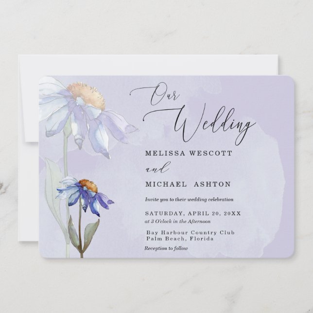 Modern Watercolor Purple Gerbera Daisy Wedding Invitation (Front)