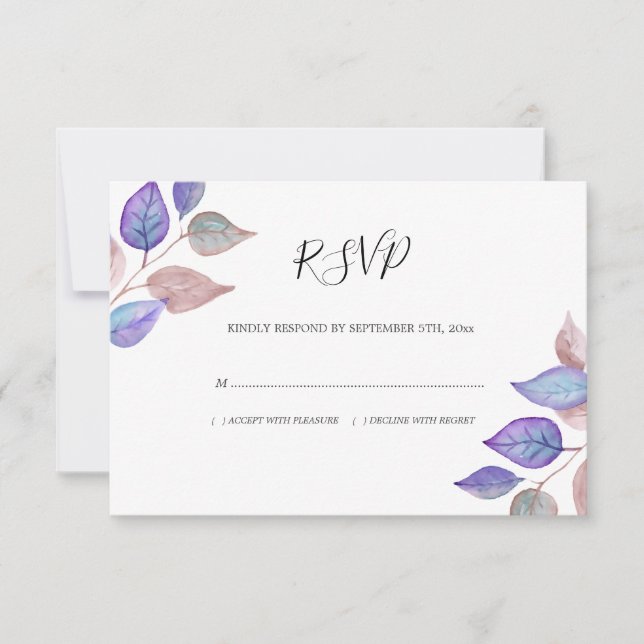 Modern Watercolor Purple Leaves Foliage Wedding RSVP Card (Front)