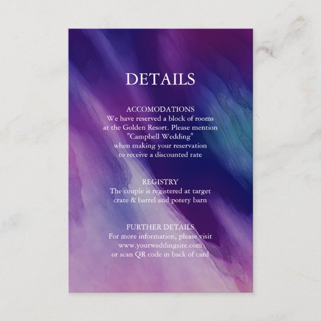 Modern Watercolor Purple Navy Blue Wedding Details Enclosure Card (Front)
