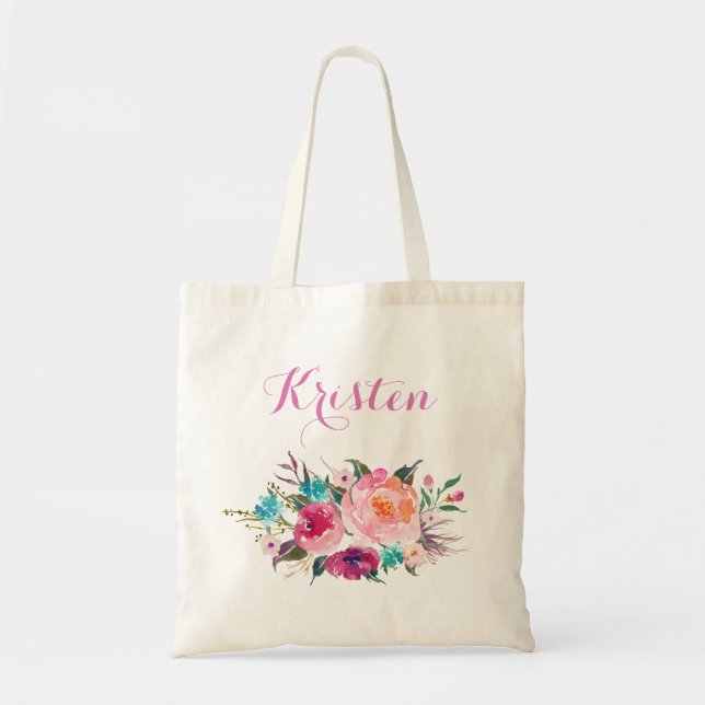 Modern Watercolor Purple Pink Floral Bridesmaid Tote Bag (Front)