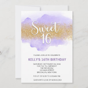 Modern Watercolor Purple Sweet 16 Sixteen Invitation