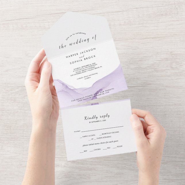 Modern Watercolor Purple Wedding All In One Invitation (Tearaway)