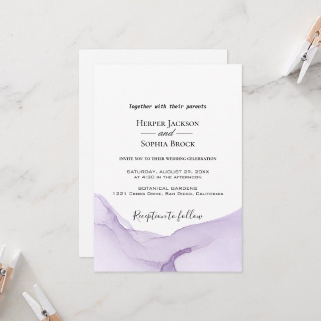 Modern Watercolor Purple Wedding Invitation (Front/Back In Situ)