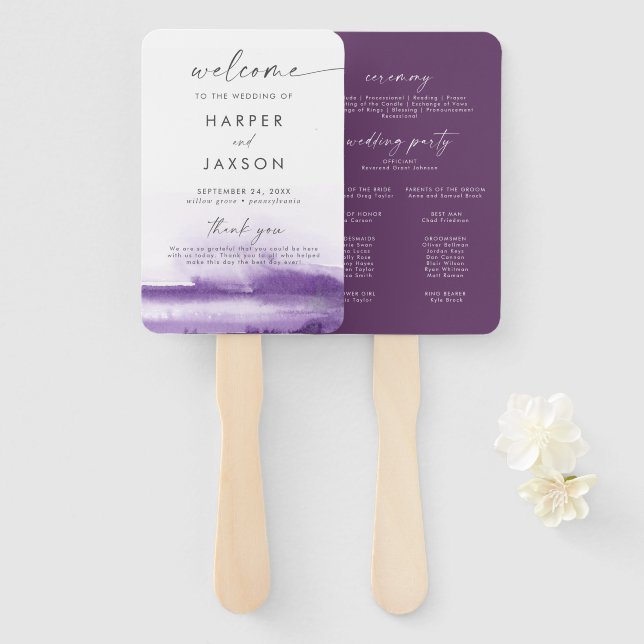 Modern Watercolor | Purple Wedding Program Hand Fan (Front and Back)