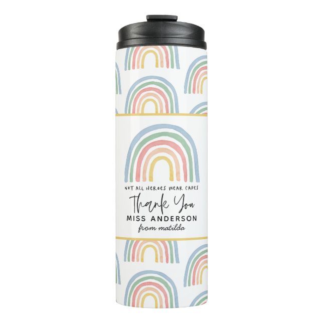Modern watercolor rainbow teacher thank you gift thermal tumbler (Front)