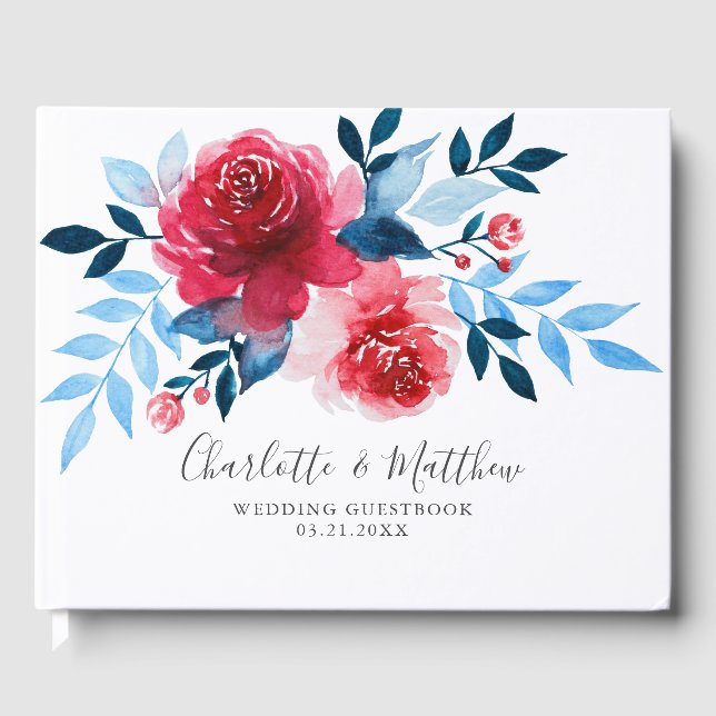 Modern Watercolor Red Blue Floral Wedding Guest Book (Front)