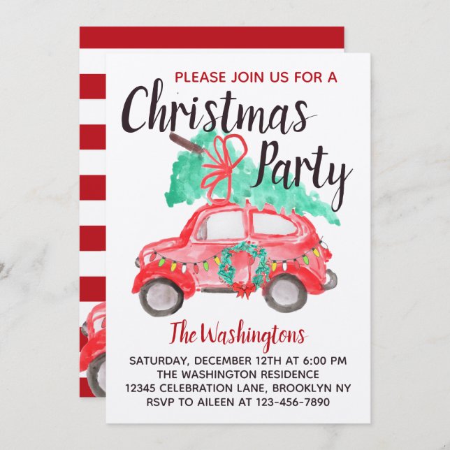 Modern Watercolor Red Car Truck Christmas Party Invitation (Front/Back)
