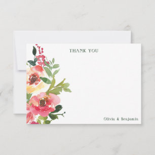 Modern Watercolor Red Pink Floral Wedding Custom Thank You Card