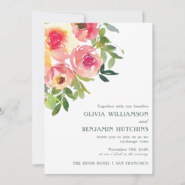 Modern Watercolor Red Pink Floral Wedding  Invitation (Front)
