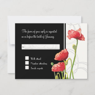 Modern Watercolor Red Poppy Poppies Swirls Black RSVP Card