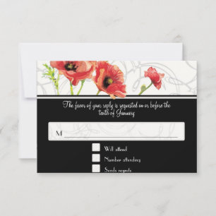 Modern Watercolor Red Poppy Poppies Swirls Black RSVP Card
