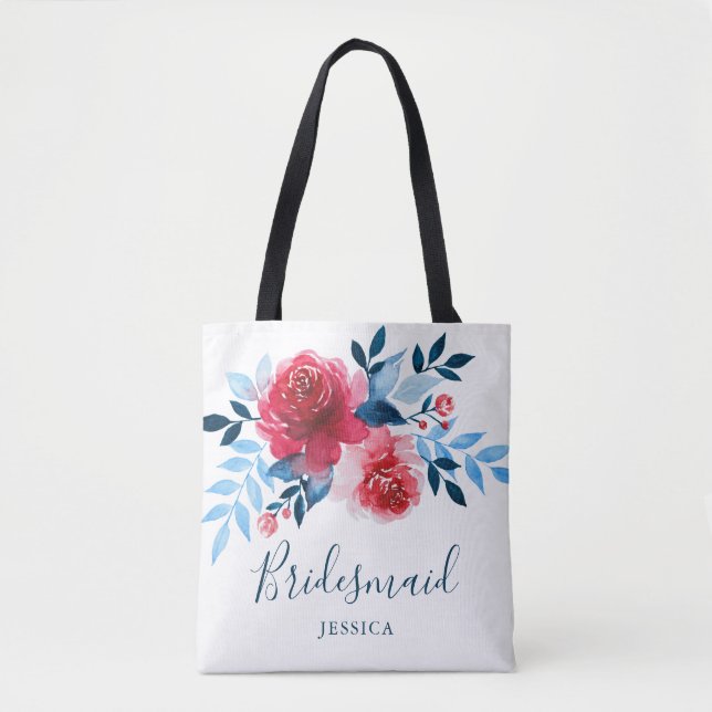 Modern Watercolor Red Roses Floral Bridesmaid Tote Bag (Front)