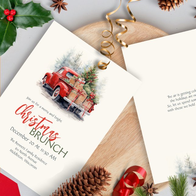 Modern Watercolor Red Truck Green Christmas Party Invitation (Creator Uploaded)