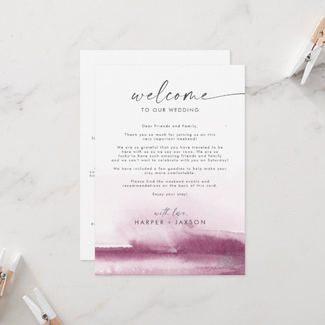 Modern Watercolor Red Welcome Letter & Itinerary (Front/Back In Situ)