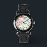 Modern watercolor Romantic Floral Dragonfly Heart Watch<br><div class="desc">NOTE: This style watch has a smaller length band than normal. If you have a large wrist don't order it. COLOR PALETTE: blush pink background with sky blue, mint, butter yellow, red and pink roses DESIGN COLLECTION: Hand watercolored images of modern flowers in a heart shape with a dot flower...</div>