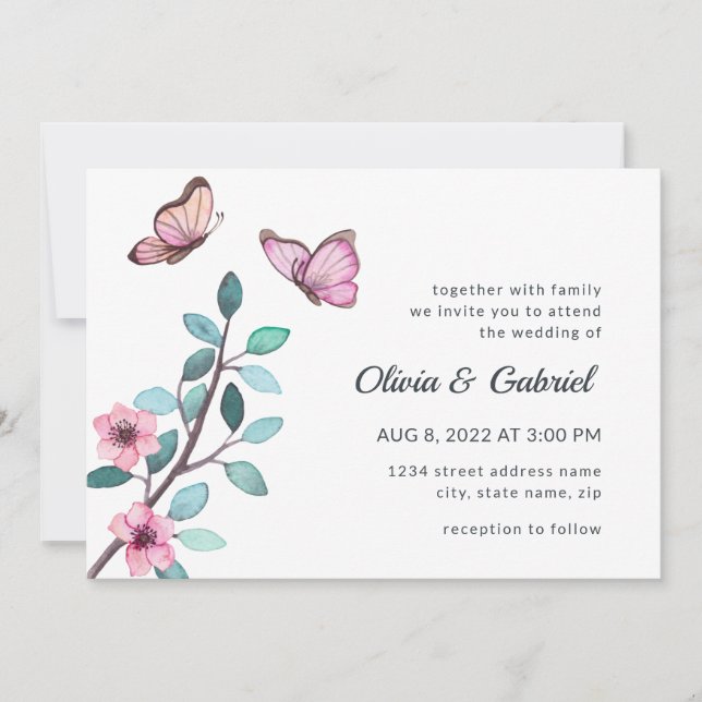 Modern watercolor. Romantic Garden Wedding Invitation (Front)