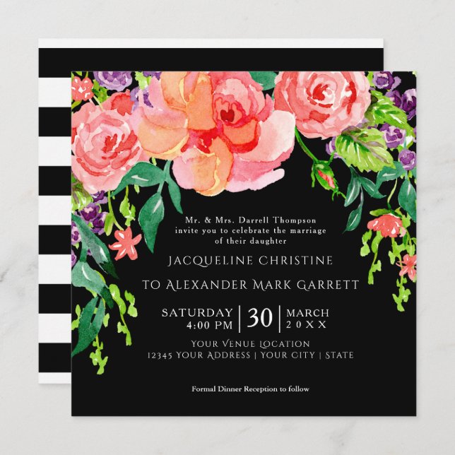 Modern Watercolor Rose Floral Wedding Black Ground Invitation (Front/Back)