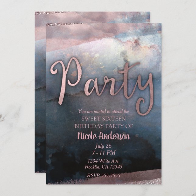Modern Watercolor Rose Gold & Blue Birthday Party Invitation (Front/Back)