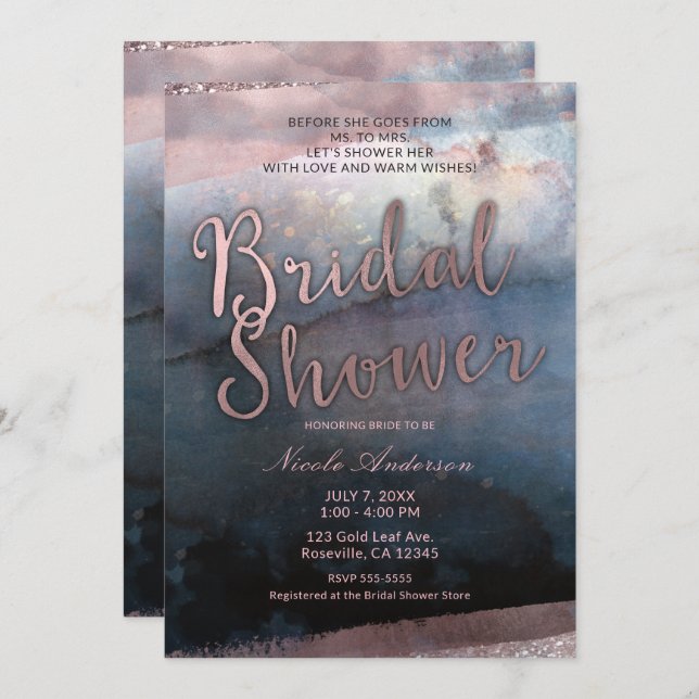 Modern Watercolor Rose Gold & Blue Bridal Shower Invitation (Front/Back)