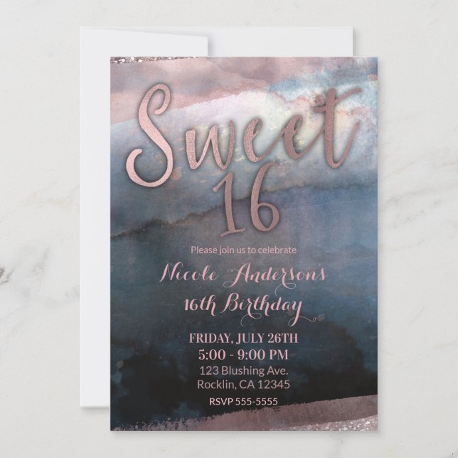 Modern Watercolor Rose Gold & Blue Sweet 16 Party Invitation (Front)