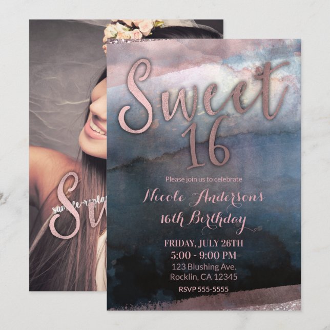 Modern Watercolor Rose Gold & Blue Sweet 16 Photo Invitation (Front/Back)