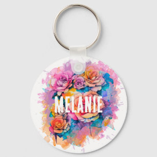 Modern Watercolor Roses Bouquet Personalised Key Ring