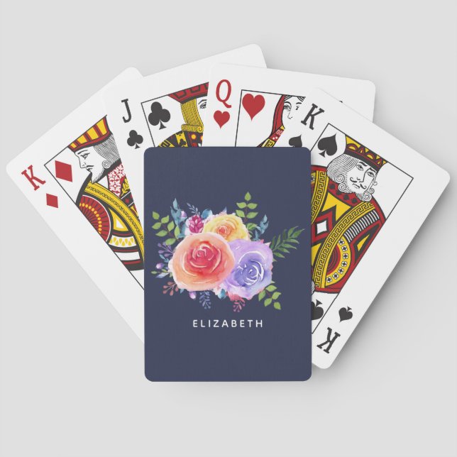 Modern Watercolor Roses Floral Bouquet Playing Cards (Back)
