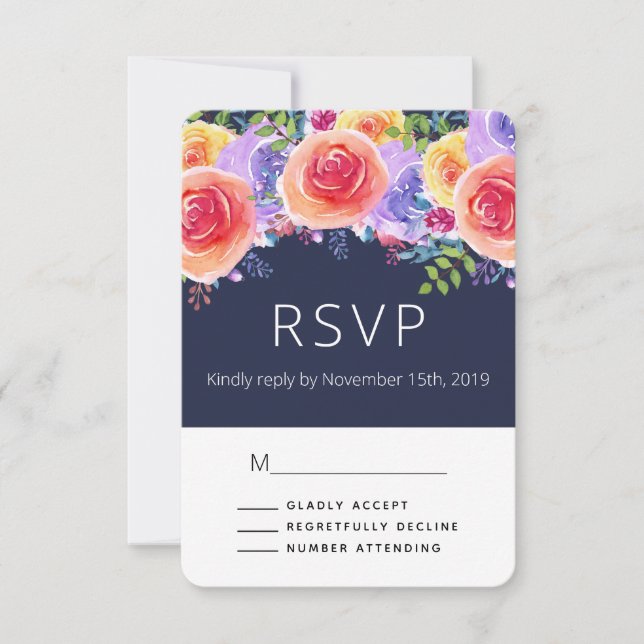 Modern Watercolor Roses Floral Bouquet Weddin RSVP (Front)