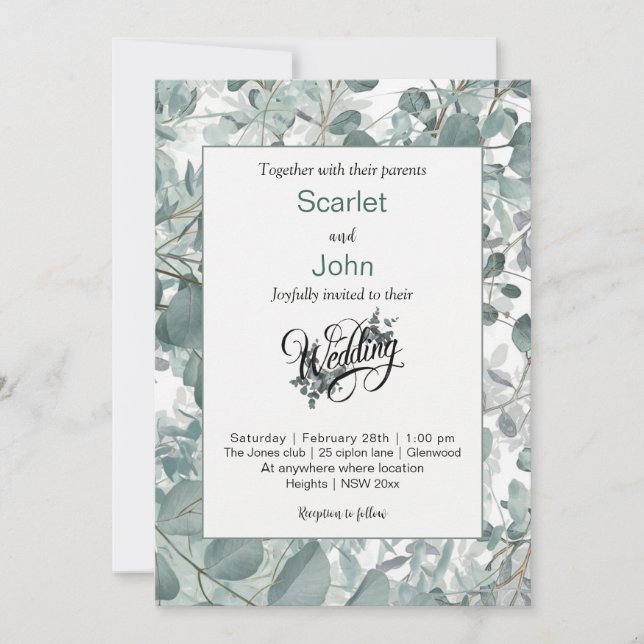 Modern watercolor sage green eucalyptus wedding#3 invitation (Front)