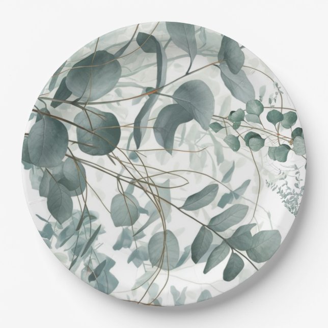 Modern watercolor sage green eucalyptus wedding #5 paper plate (Front)