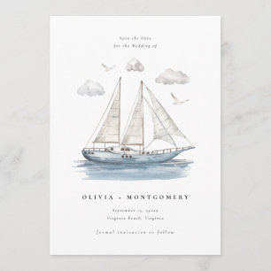 Modern Watercolor Sailing Yacht Save the Date  Invitation