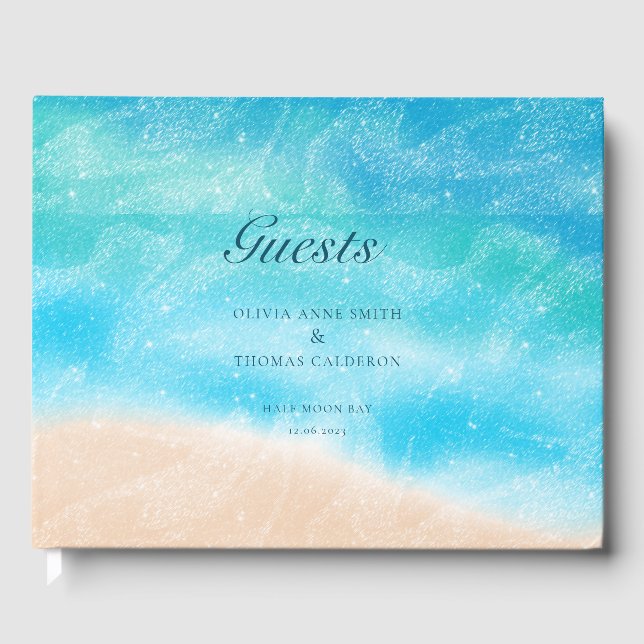 Modern Watercolor Sandy Ocean Beach Wedding Guest Book (Front)