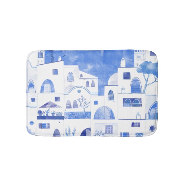 Modern Watercolor Santorini Greek Island Bath Mat (Front)