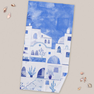 Modern Watercolor Santorini Greek Island Beach Towel