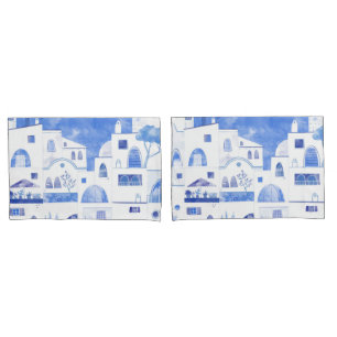 Modern Watercolor Santorini Greek Island Pillowcase