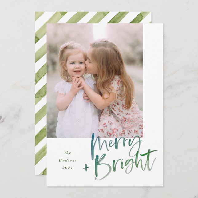 Modern Watercolor Script Merry and Bright Holiday  (Front/Back)