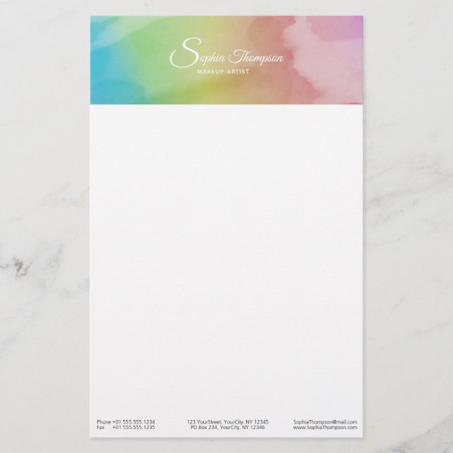 Modern Watercolor Script Rainbow Pastel Stationery (Front)